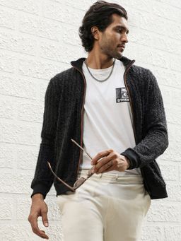 Campus Sutra - Men Carbon Black Self-Design Striped Knitted Jacket