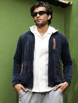 Campus Sutra - Men Navy Blue Zip-Front Cable Knit Jacket