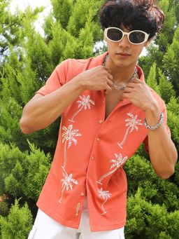 Campus Sutra - Men Vermillion Orange Palm Tree Knit Shirt