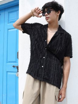 Campus Sutra - Men Jet Black Fleece Striped Shirt