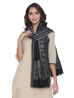 Shingora - Wool Blend Floral Fringed Border Black Shawl for Women