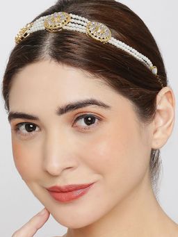 OOMPH - Gold Tone Kundan and Pearls Floral Multi-Color Layer Ethnic Jadau Hair Chain