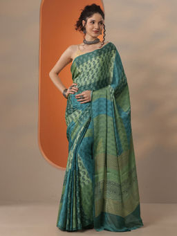Libas - Green Printed Satin Saree with Unstitched Blouse
