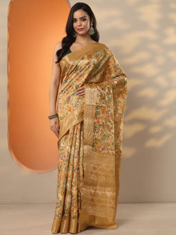 Libas - Mustard Printed Silk Blend Saree with Unstitched Blouse
