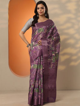 Libas - Purple Printed Silk Blend Saree with Unstitched Blouse