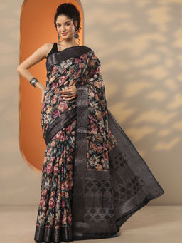 Libas - Black Printed Silk Blend Saree with Unstitched Blouse