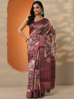 Libas - Burgundy Printed Silk Blend Saree with Unstitched Blouse