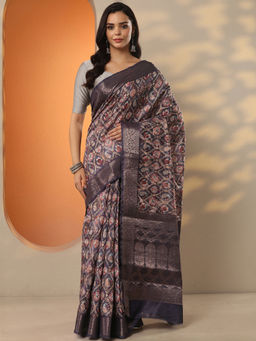 Libas - Grey Printed Silk Blend Saree with Unstitched Blouse