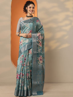 Libas - Green Printed Silk Blend Saree with Unstitched Blouse