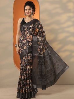 Libas - Black Printed Silk Blend Saree with Unstitched Blouse