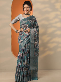 Libas - Green Printed Silk Blend Saree with Unstitched Blouse