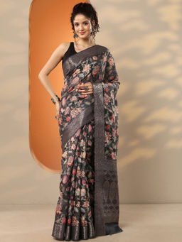Libas - Black Printed Silk Blend Saree with Unstitched Blouse