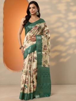 Libas - Beige Printed Silk Blend Saree with Unstitched Blouse