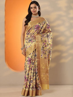 Libas - Yellow Printed Silk Blend Saree with Unstitched Blouse