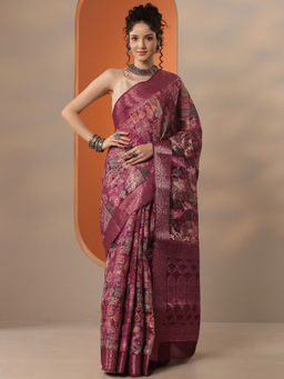 Libas - Burgundy Ethnic Motifs Silk Blend Saree with Unstitched Blouse