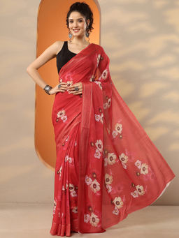 Libas - Red Printed Georgette Saree with Unstitched Blouse