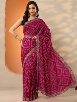 Libas - Pink Embellished Silk Blend Saree with Unstitched Blouse & Belt