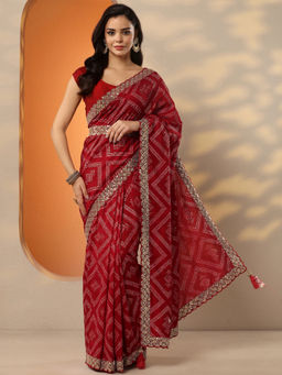 Libas - Red Embellished Silk Blend Saree with Unstitched Blouse & Belt