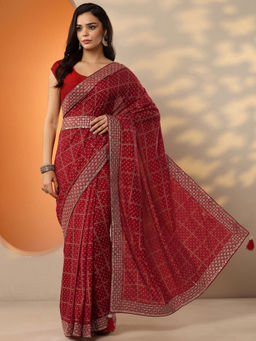 Libas - Red Embellished Silk Blend Saree with Unstitched Blouse & Belt