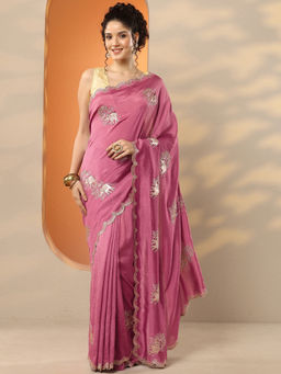Libas - Mauve Embellished Chinon Saree with Unstitched Blouse