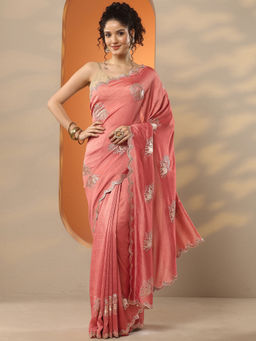 Libas - Peach Embellished Chinon Saree with Unstitched Blouse