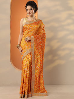 Libas - Orange Printed Silk Blend Saree with Unstitched Blouse