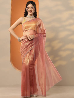 Libas - Peach Embellished Nylon Saree with Unstitched Blouse