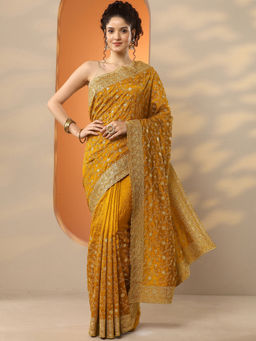 Libas - Mustard Embellished Silk Blend Saree with Unstitched Blouse