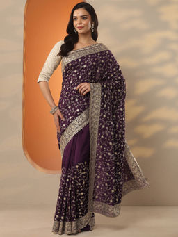 Libas - Purple Embellished Silk Blend Saree with Unstitched Blouse