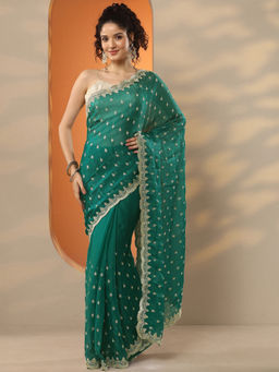 Libas - Green Embroidered Organza Saree with Unstitched Blouse