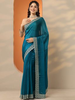Libas - Teal Embellished Organza Saree with Unstitched Blouse