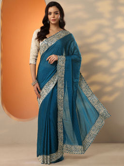 Libas - Blue Embellished Chinon Saree with Unstitched Blouse