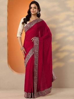 Libas - Maroon Embellished Chinon Saree with Unstitched Blouse