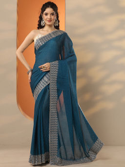 Libas - Blue Embellished Chinon Saree with Unstitched Blouse