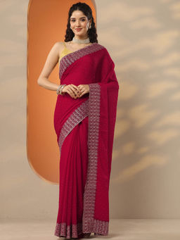 Libas - Maroon Embellished Chinon Saree with Unstitched Blouse