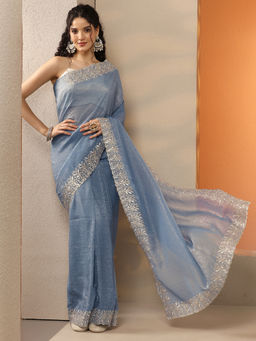 Libas - Blue Embellished Chinon Saree with Unstitched Blouse