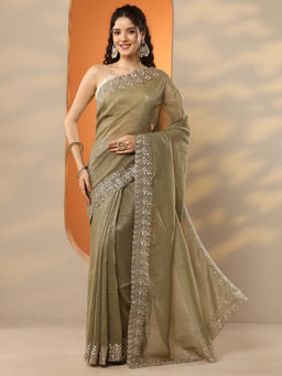 Libas - Olive Embellished Chinon Saree with Unstitched Blouse