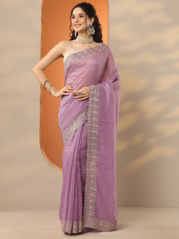 Libas - Lavender Embellished Chinon Saree with Unstitched Blouse