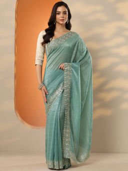 Libas - Green Embellished Chinon Saree with Unstitched Blouse