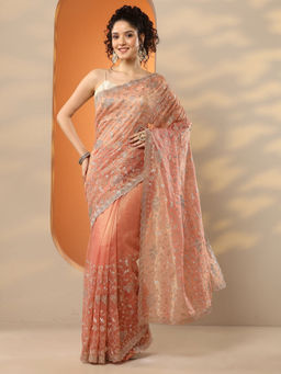 Libas - Coral Embroidered Nylon Saree with Unstitched Blouse