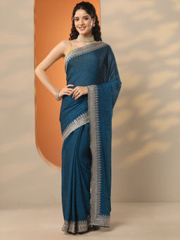 Libas - Teal Embellished Organza Saree with Unstitched Blouse
