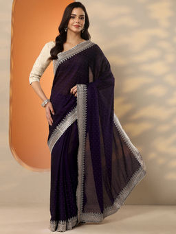 Libas - Purple Embellished Organza Saree with Unstitched Blouse