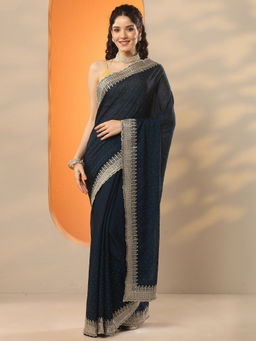 Libas - Navy Blue Embellished Organza Saree with Unstitched Blouse