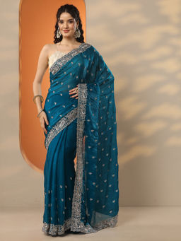 Libas - Teal Embroidered Organza Saree with Unstitched Blouse