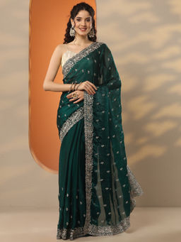 Libas - Green Embroidered Organza Saree with Unstitched Blouse