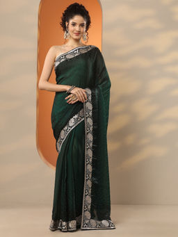 Libas - Green Embellished Organza Saree with Unstitched Blouse