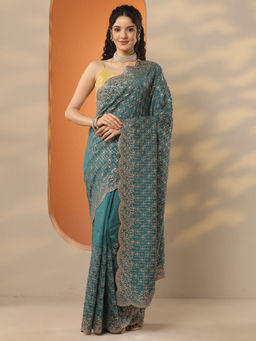 Libas - Teal Embellished Silk Blend Saree with Unstitched Blouse