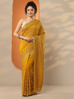Libas - Mustard Embellished Silk Blend Saree with Unstitched Blouse
