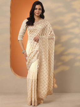 Libas - Cream Embellished Silk Blend Saree with Unstitched Blouse