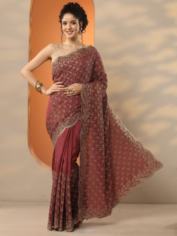 Libas - Rust Embellished Silk Blend Saree with Unstitched Blouse